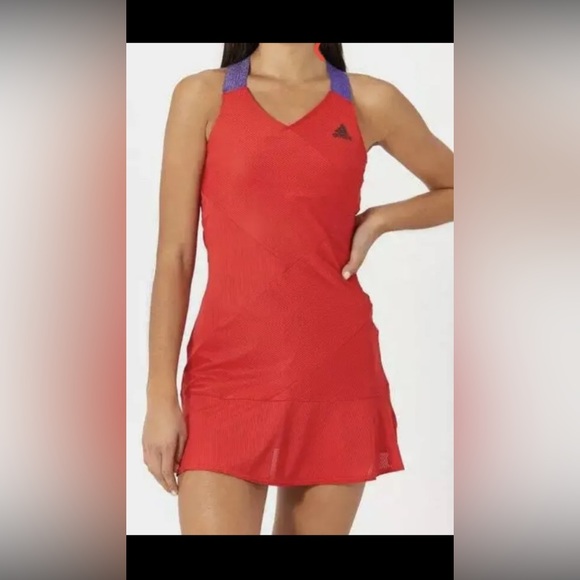 Adidas NWT “Primeblue” Red Tennis Dress with Sparkly Purple Straps, Size Large - Picture 2 of 7